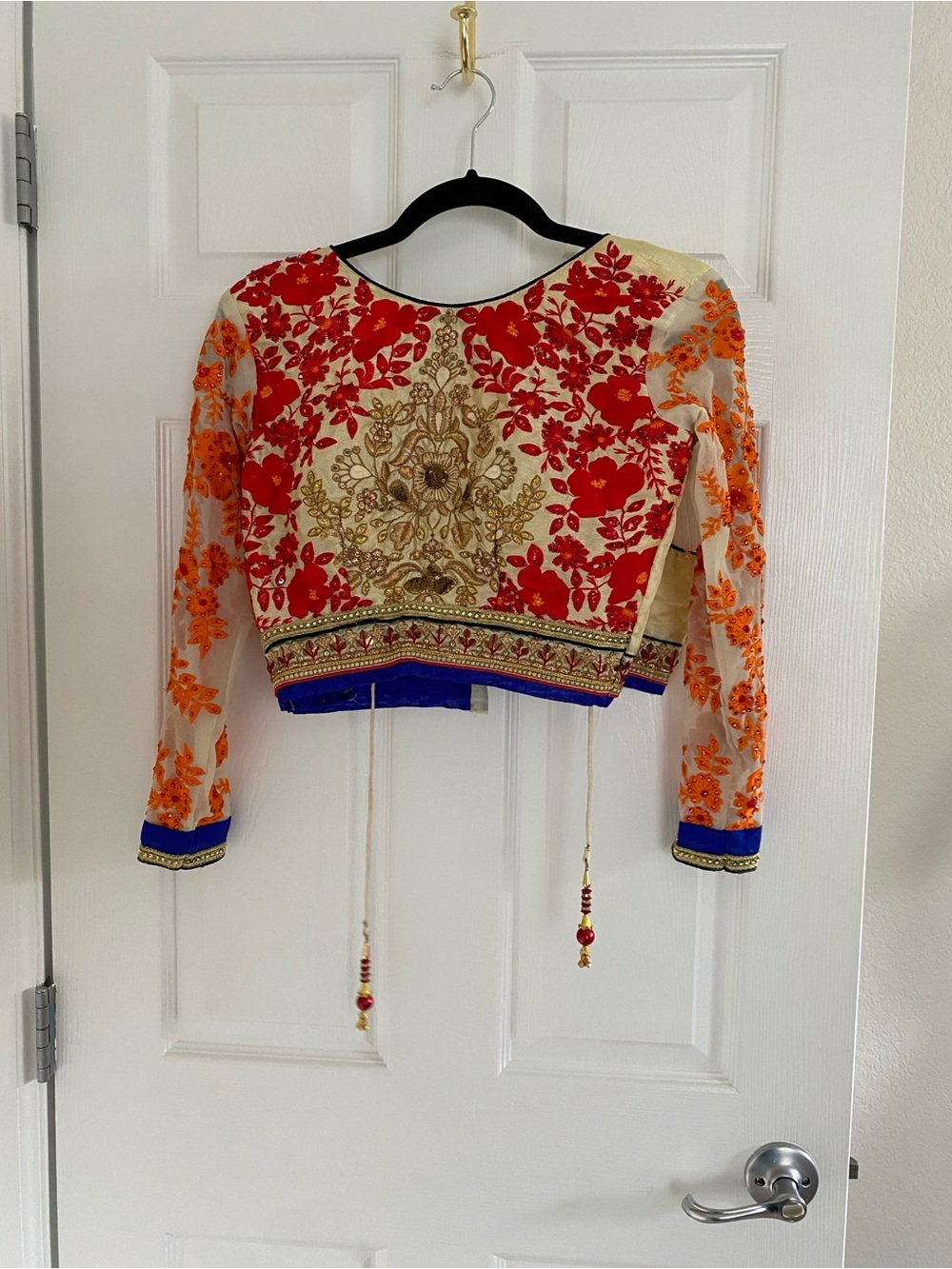 Embroidered Floral Crop Blouse with Contrast Trim
